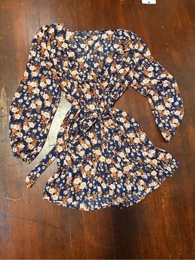 Navy Floral Long-Sleeve Mini Wrap Dress Size L